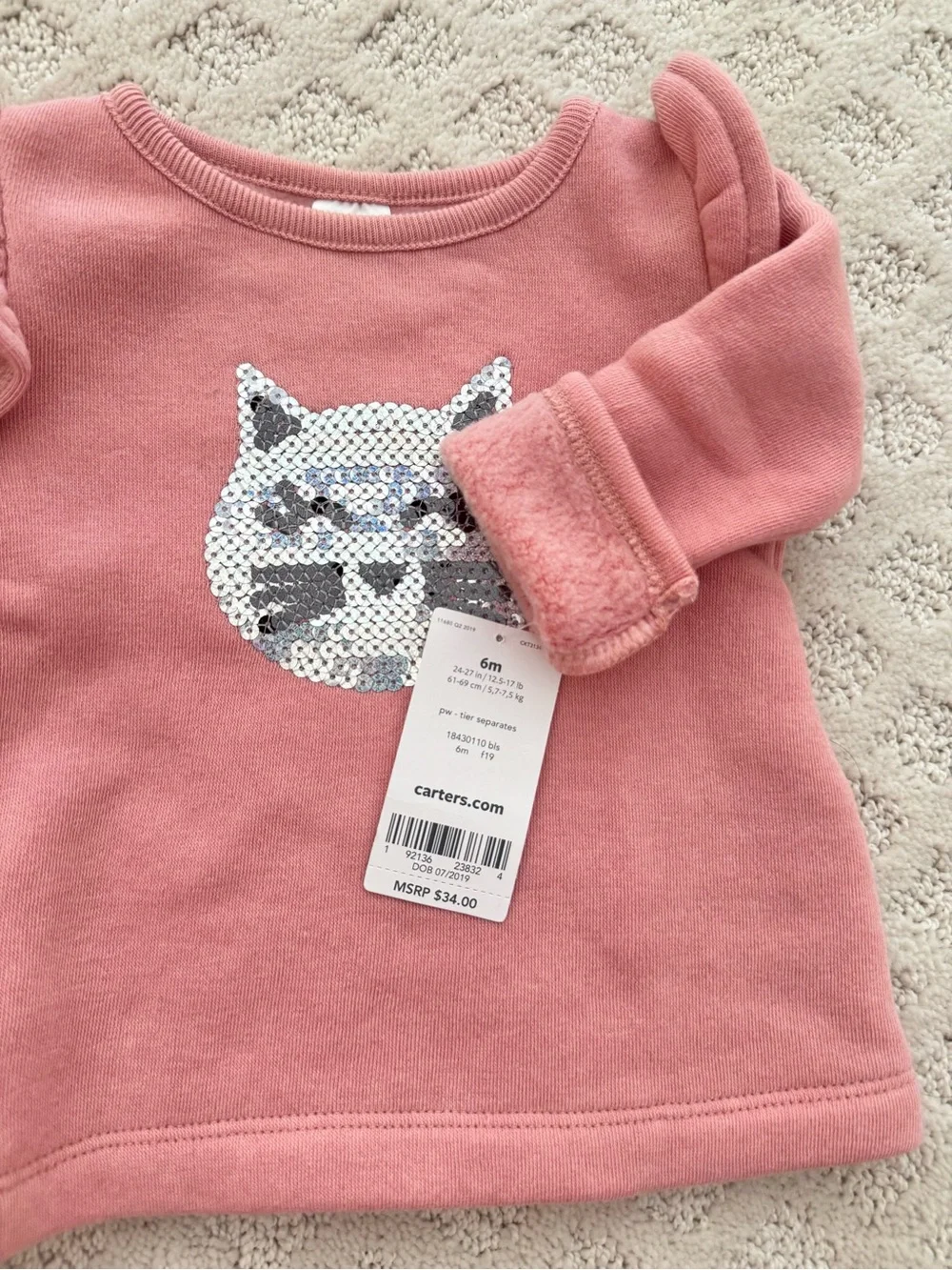 Carter's Rose Pink Sequin Cat Ruffle-Shoulder Sweater. Size 6M. NWT